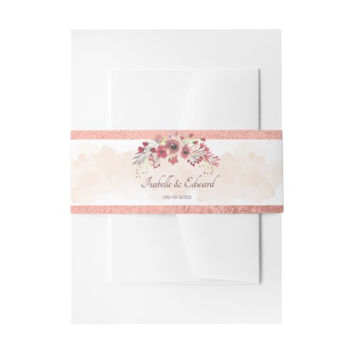 Chick Coral Peony Wreath Rose Gold Foil Wedding Invitation Belly Band