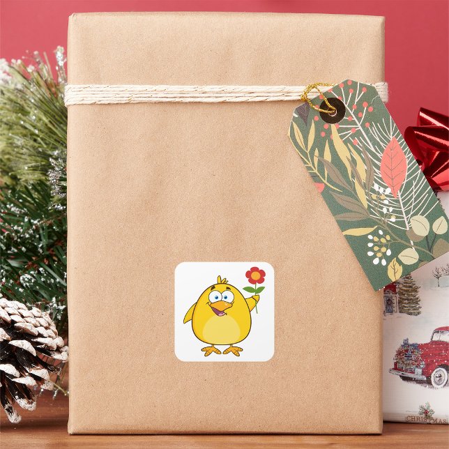 Chick Holding Flower Funny Happy Animal Square Sticker (Creator Uploaded)