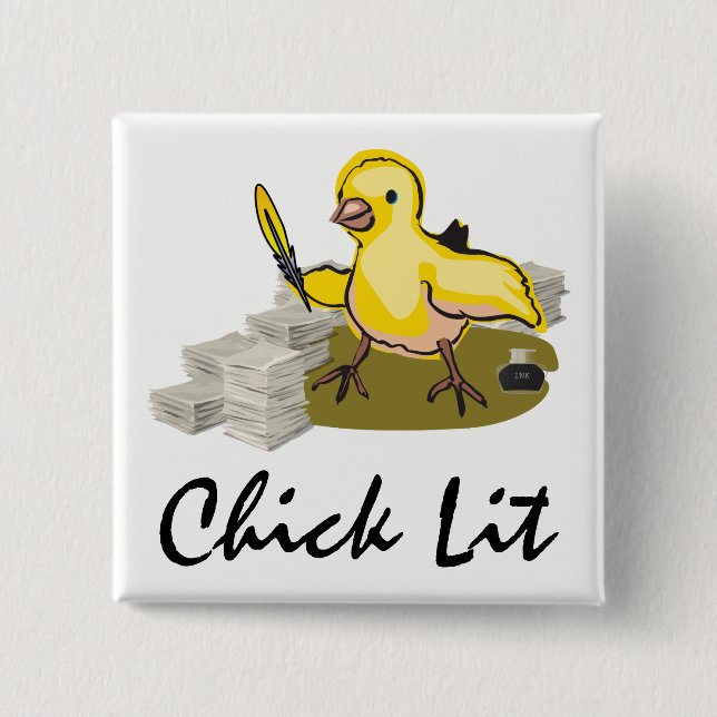 Chick Lit Writer with Paper and Feather Quill Button (Front)