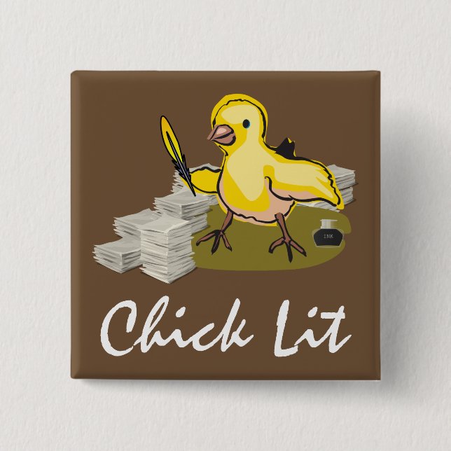 Chick Lit Writer with Paper and Feather Quill Button (Front)