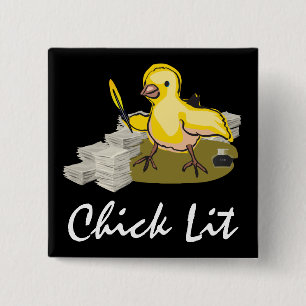 Chick Lit Writer with Paper and Feather Quill Pinback Button