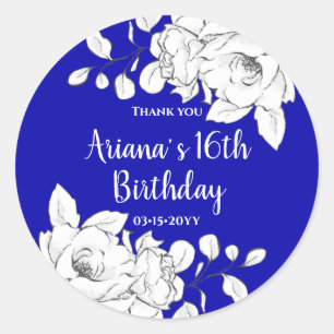 Chick Modern Royal Blue White Floral Thank You Cla Classic Round Sticker