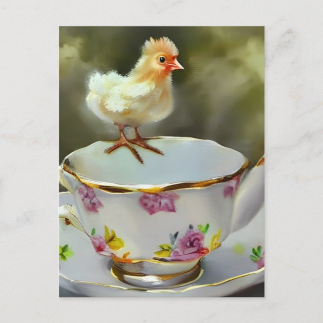 Chick on a Vintage Teacup Postcard (Front)