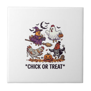 Chick Or Treat Haloween Chickens Witch Ghost Pumpk Ceramic Tile