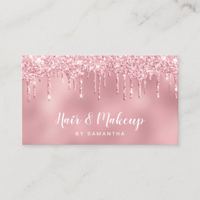 Chick pink rose gold glitter drips hair & makeup business card (Front)