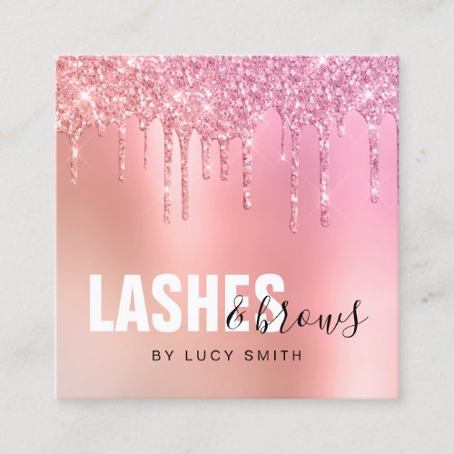 Chick pink rose gold glitter drips lashes  brows square business card