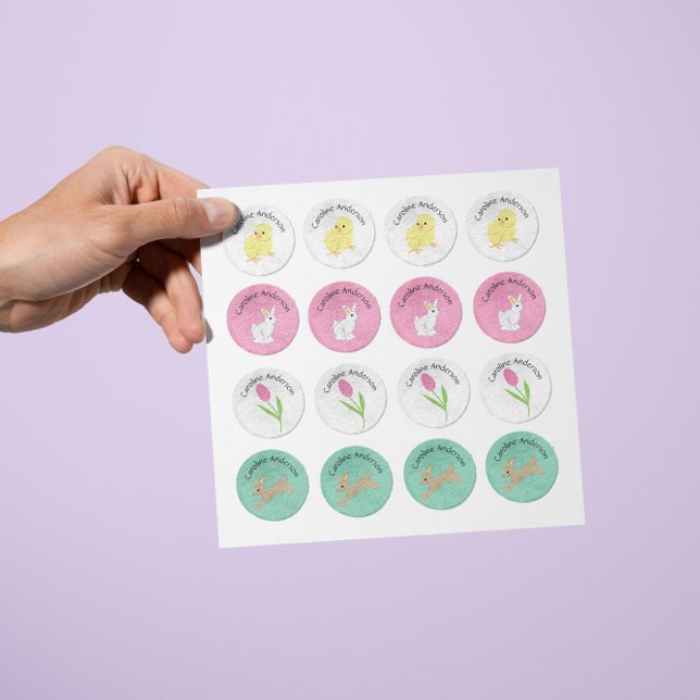 Chick, rabbits, tulips, and spring flowers kids' labels (Creator Uploaded)