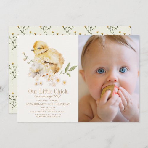 Chick Watercolor Floral Girl 1st Birthday Photo Invitation