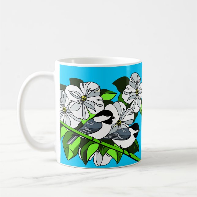 Chickadee Among Dogwood Flowers Coffee Mug (Left)
