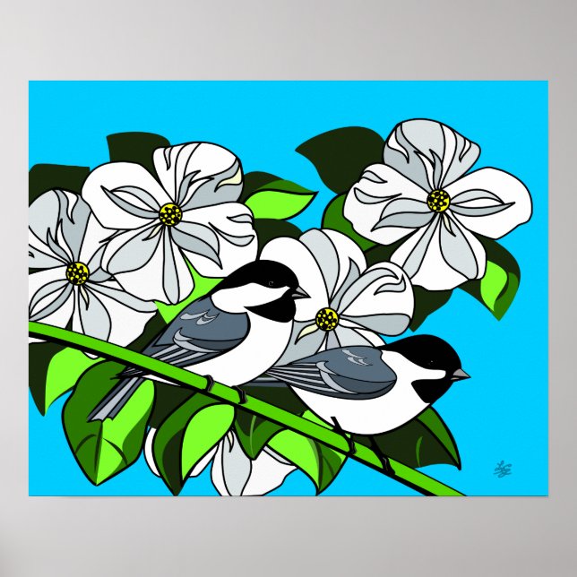 Chickadee Among Dogwood Flowers Poster (Front)