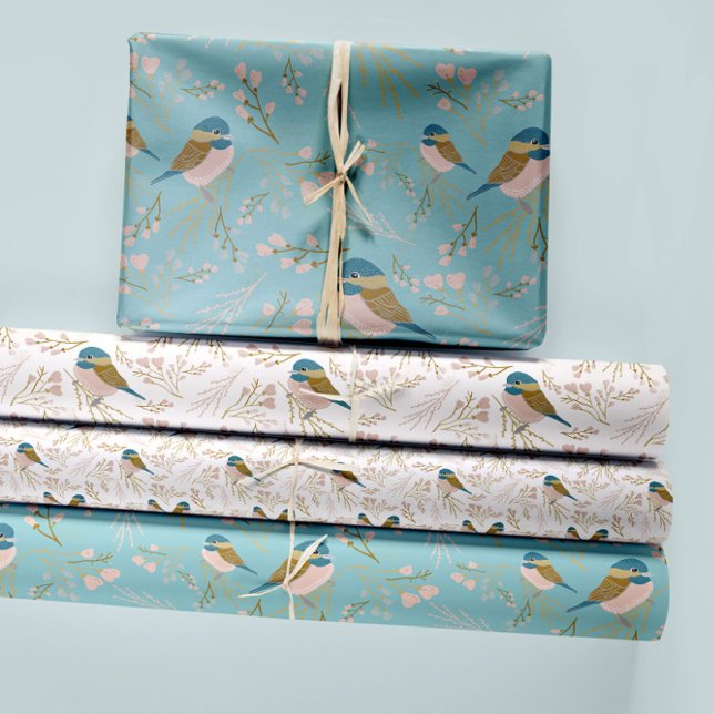 Chickadee And Floral Decoupage Wrapping Paper Sheets (Chickadee Hearts Flowers Blue Gold Pink Wrapping Paper Sheets from Studio Posies.)