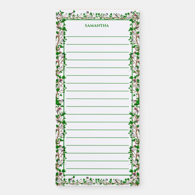 Chickadee and Greenery Monogram Magnetic Notepad (Front)
