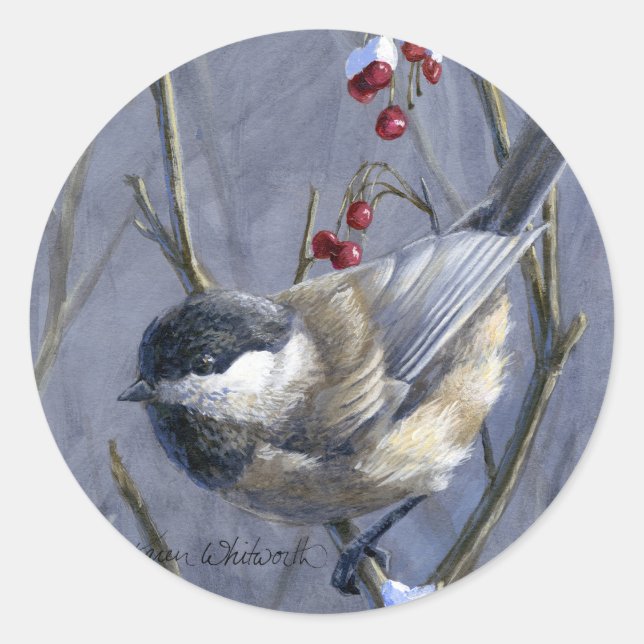 Chickadee & Berries Winter Snow Classic Round Sticker (Front)