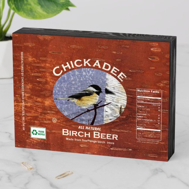 Chickadee Birch Beer Label Wooden Box Sign (In Situ Horizontal)