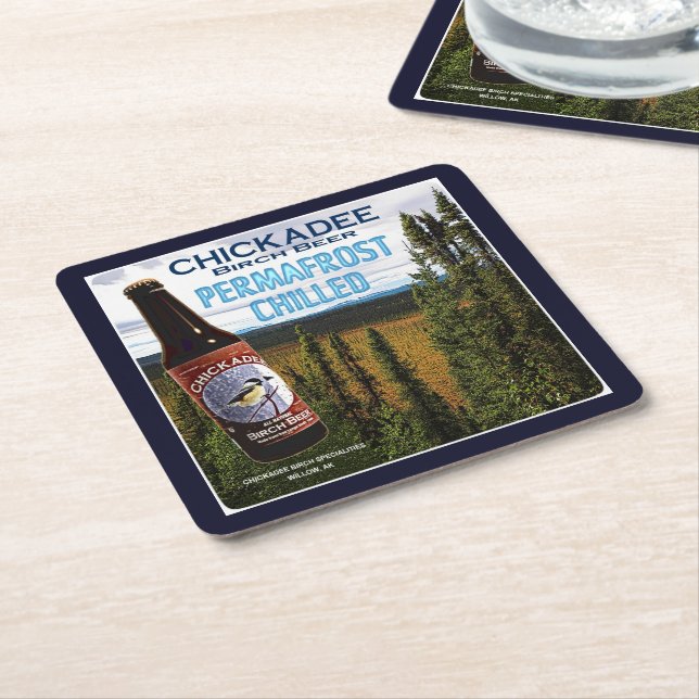 Chickadee Birch Beer Square Paper Coaster (Angled)