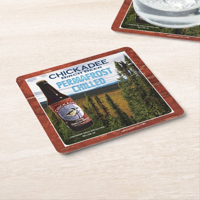 Chickadee Birch Beer Square Paper Coaster (Angled)