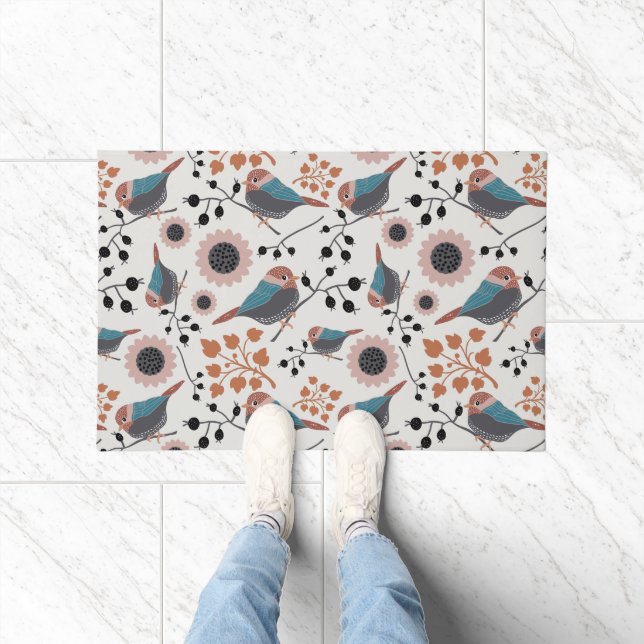 Chickadee Bird And Berry Pattern Floral Design Doormat (Indoor)