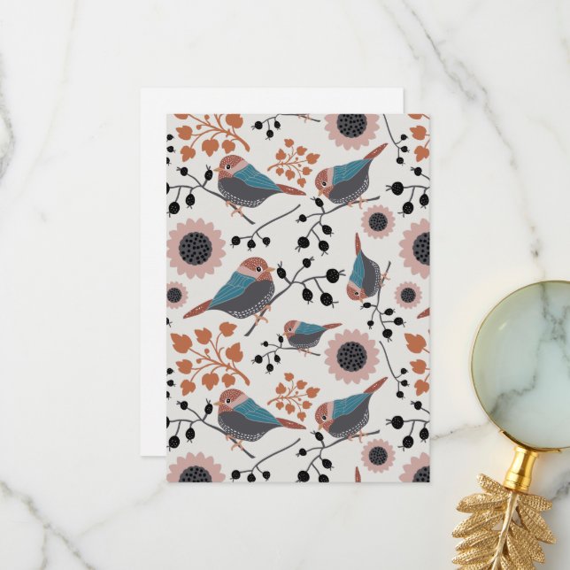 Chickadee Bird And Berry Pattern Floral Design Thank You Card (Front/Back In Situ)