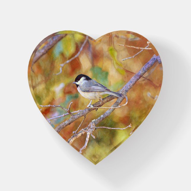 Chickadee Bird Art Glass Heart Paperweight (Front)