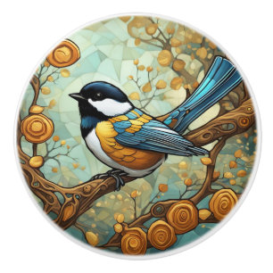Chickadee Bird Art Nouveau Art Deco Great Tit Ceramic Knob