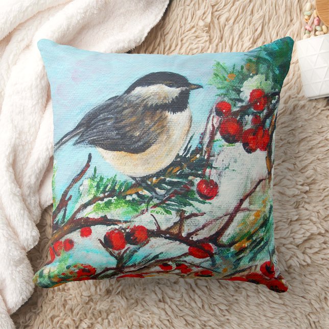 Chickadee Bird Berries Winter Art Throw Pillow (Chickadee Bird Berries Winter Art Throw Pillow from Jenn's Emporium. )