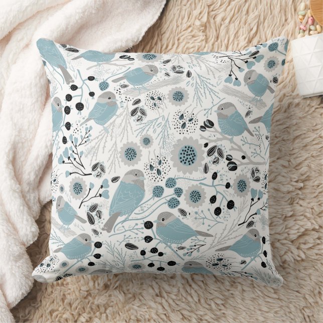 Chickadee Bird Blue Gray Pattern Throw Pillow (Blanket)