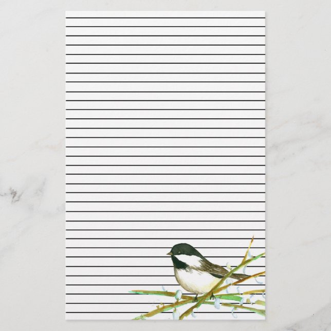 Chickadee Bird Catkins Willow Branches Lined Stationery (Front)