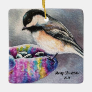 Chickadee Bird Eats From Hand Watercolor Art Ceramic Ornament
