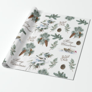 Chickadee Bird Evergreen Merry Christmas French Wrapping Paper