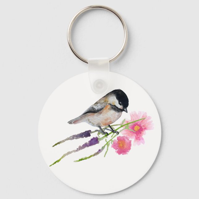 Chickadee Bird Flowers Keychain (Front)