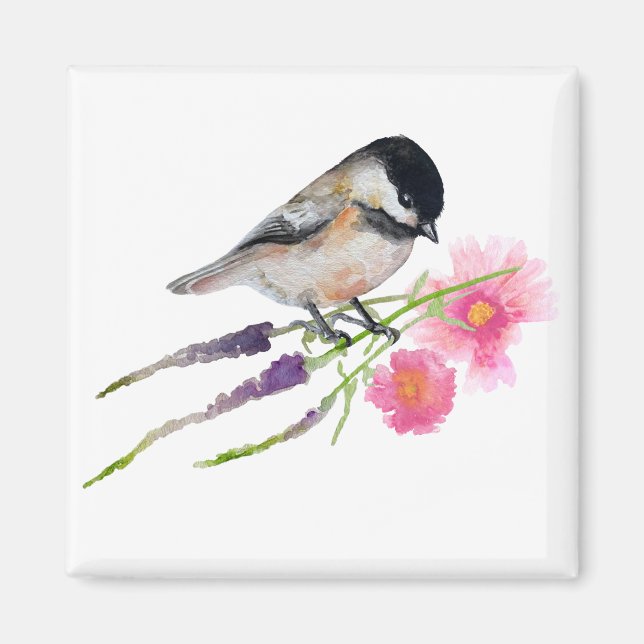 Chickadee Bird Flowers Magnet (Front)