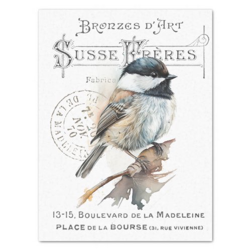 Chickadee Bird French Typography Vintage Decoupage Tissue Paper