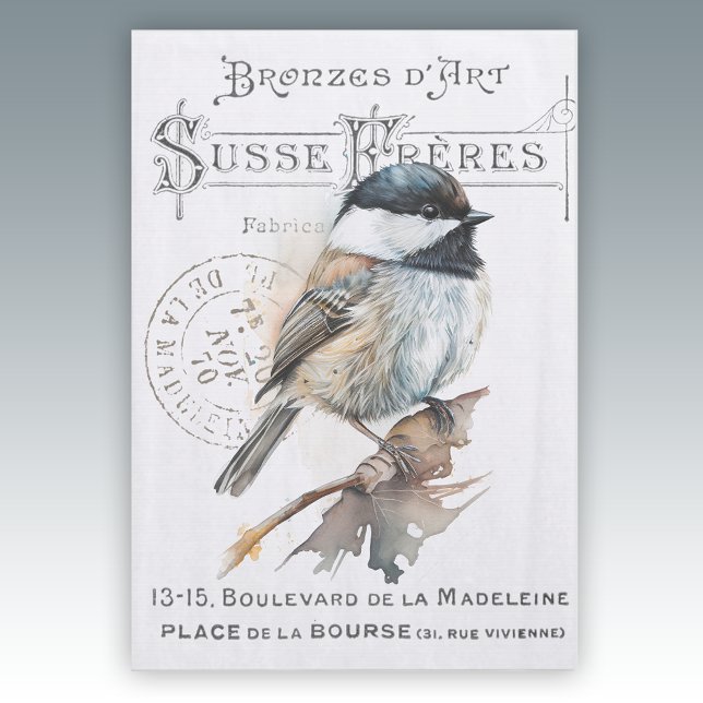Chickadee Bird French Typography Vintage Decoupage Tissue Paper (Creator Uploaded)