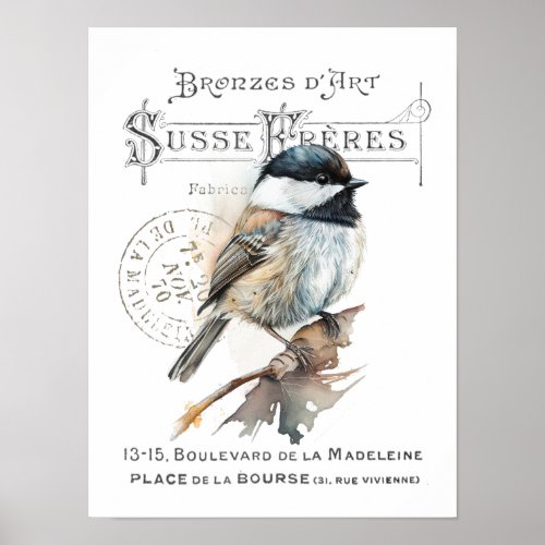 Chickadee Bird French Typography Vintage Printable Poster