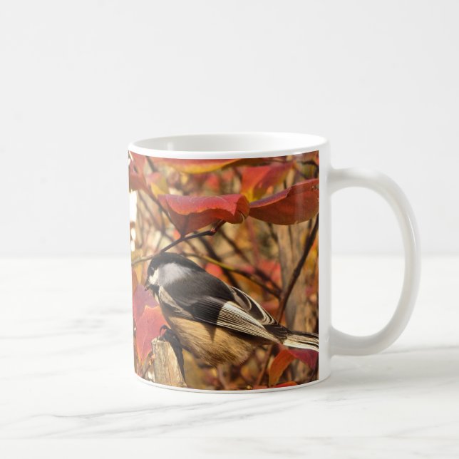 Chickadee Bird in Pink and Red Autumn Leaves Coffee Mug (Right)