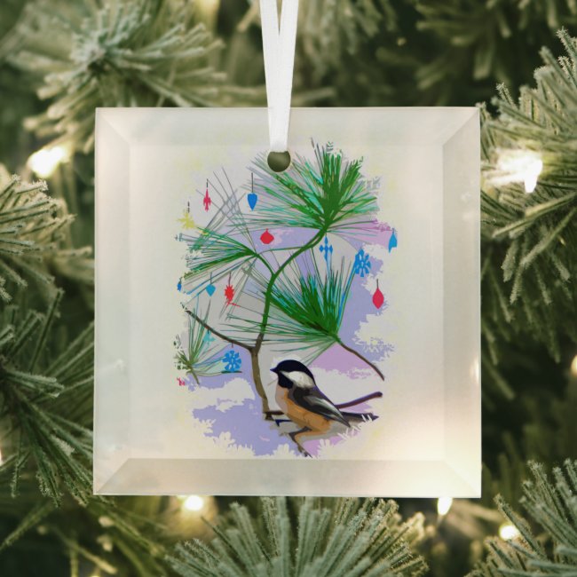 Chickadee Bird in Tree Beveled Glass Ornament
