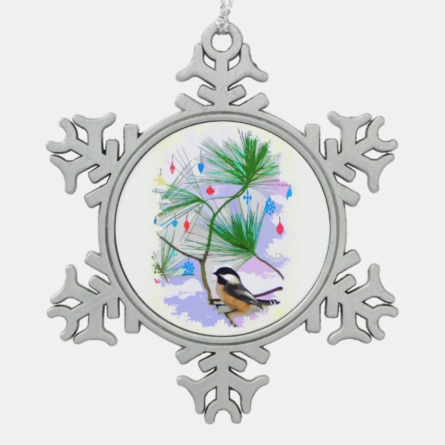 Chickadee Bird in Tree Pewter Snowflake Magnet