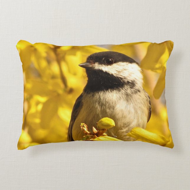 Chickadee Bird in Yellow Flowers Accent Pillow (Front)