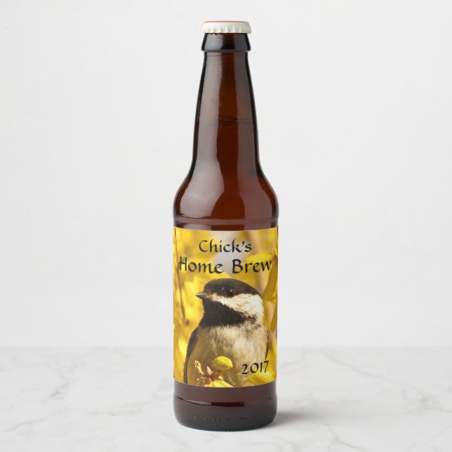 Chickadee Bird in Yellow Flowers Beer Label (Front)