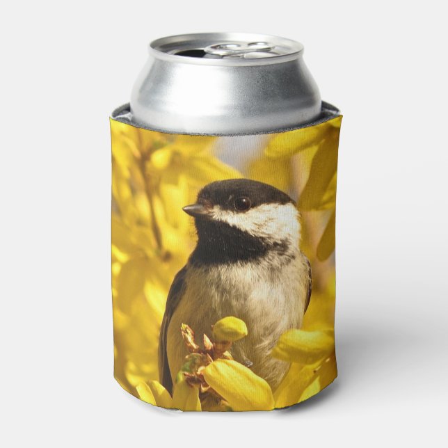 Chickadee Bird in Yellow Flowers Can Cooler (Can Front)