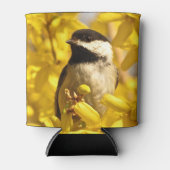 Chickadee Bird in Yellow Flowers Can Cooler (Front)