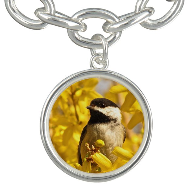 Chickadee Bird in Yellow Flowers Charm Bracelet (Design)