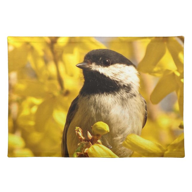 Chickadee Bird in Yellow Flowers Cloth Place Mat (Front)