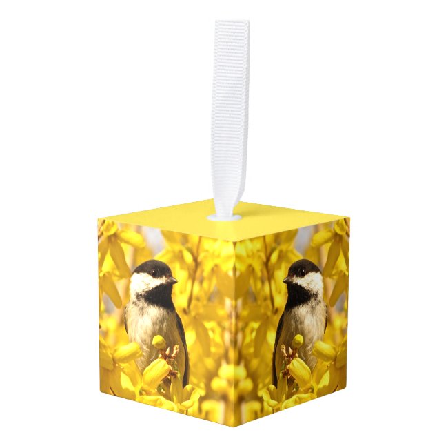 Chickadee Bird in Yellow Flowers Cube Ornament