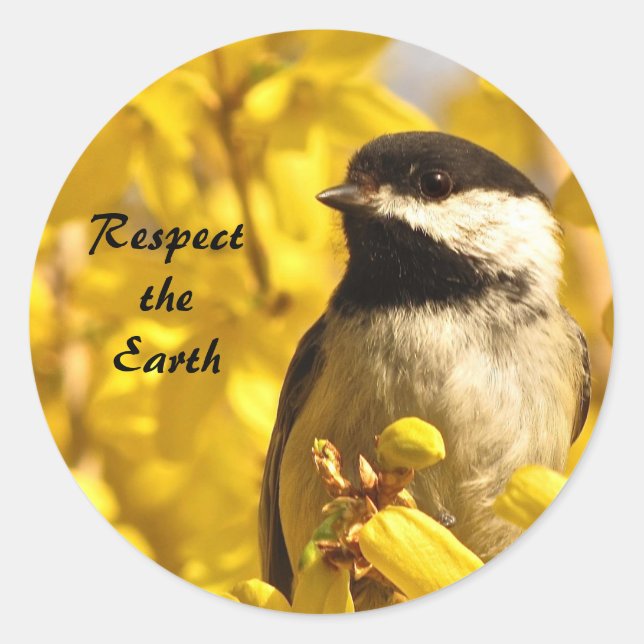 Chickadee Bird in Yellow Flowers Earth Day Sticker (Front)