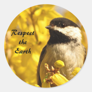 Chickadee Bird in Yellow Flowers Earth Day Sticker