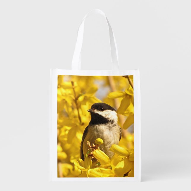 Chickadee Bird in Yellow Flowers Market Tote (Front)