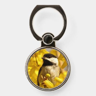 Chickadee Bird in Yellow Flowers Phone Ring Holder