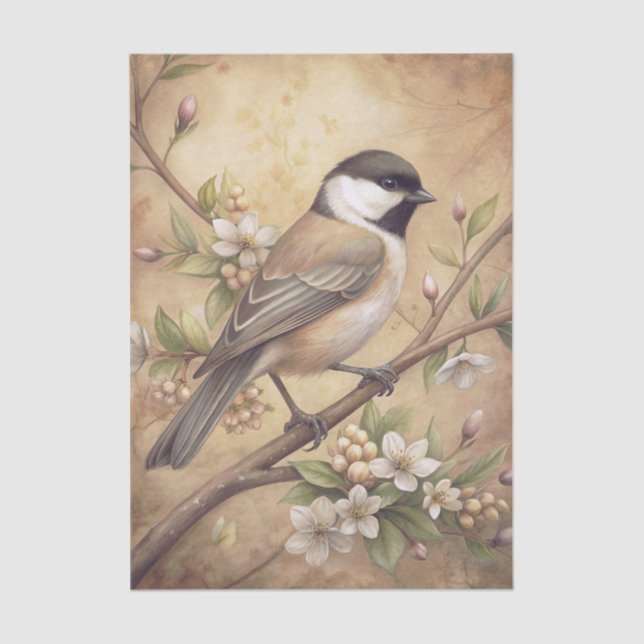 Chickadee Bird on a Branch with White Blossoms Tissue Paper (Front)
