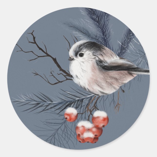 Chickadee Bird on Holly Limb  Classic Round Sticker (Front)